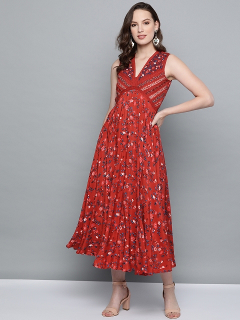 

Label Ritu Kumar Women Rust Red & Blue Floral Printed Maxi Dress