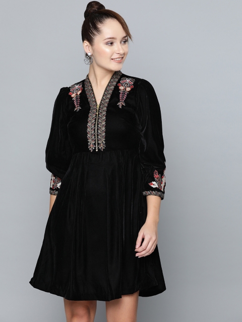 

Label Ritu Kumar Women Black Solid Velvet Finish A-Line Dress
