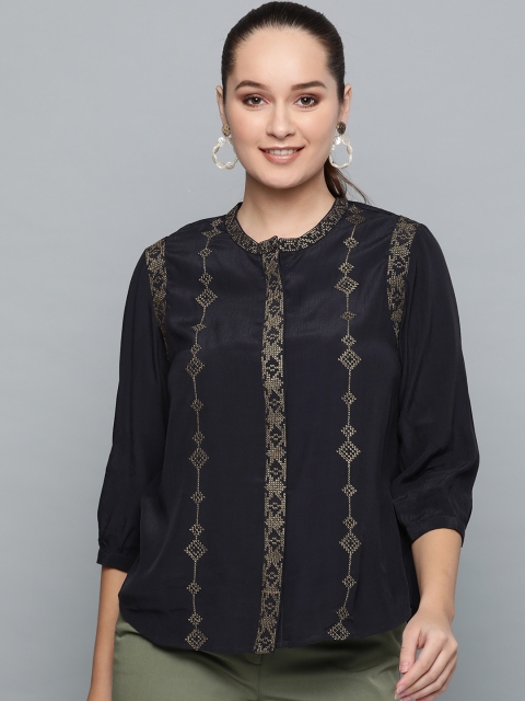 

Label Ritu Kumar Women Charcoal Grey & Golden Embroidered Shirt Shirt Top