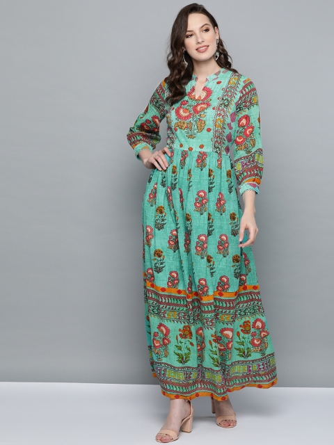 

Label Ritu Kumar Women Green & Pink Printed Maxi Dress