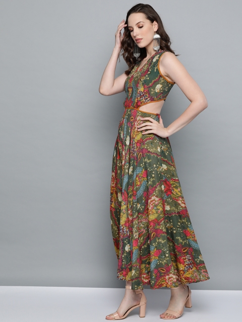 

Label Ritu Kumar Women Green & Pink Printed Maxi Dress