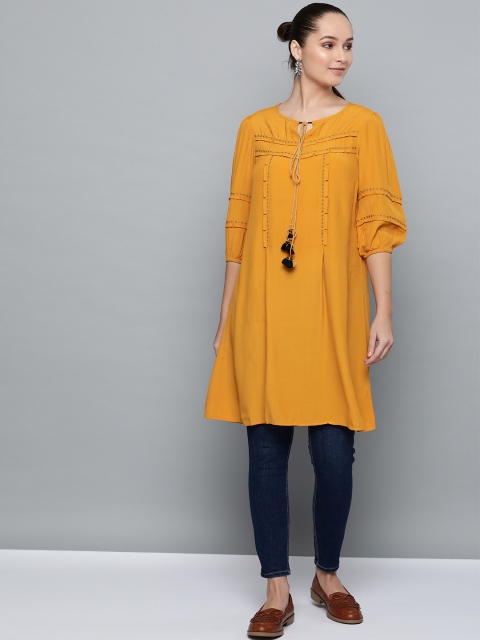 

Label Ritu Kumar Women Mustard Yellow Solid Tunic