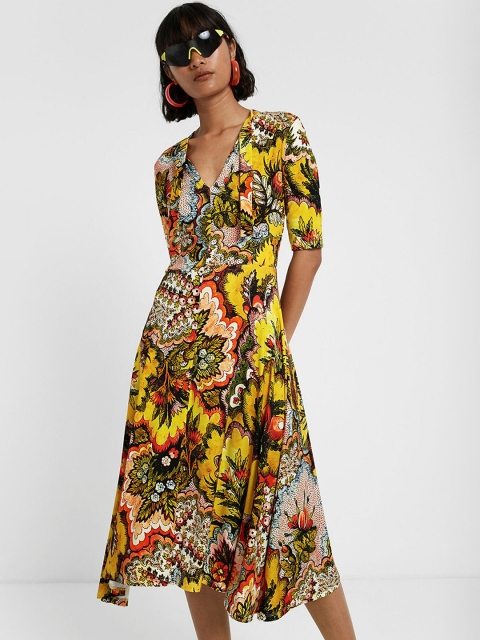 

Desigual Women Printed Yellow Fit and Flare Dress