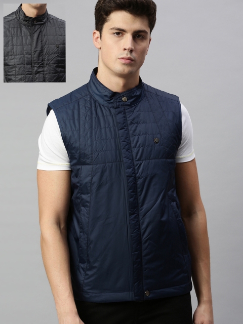 

Louis Philippe Men Navy Blue & Olive Green Solid Reversible Padded Jacket