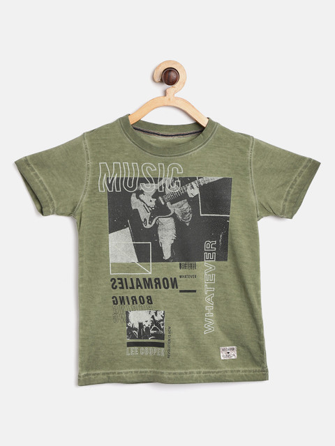 

Lee Cooper Boys Olive Green Printed Round Neck Pure Cotton T-shirt