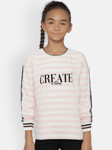 

Lee Cooper Girls White Pink Striped Round Neck Pure Cotton T-shirt