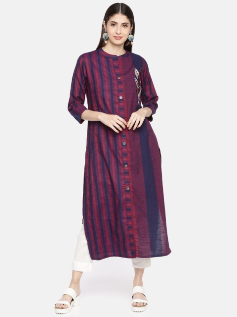 

Neerus Women Navy Blue & Red Striped A-Line Kurta
