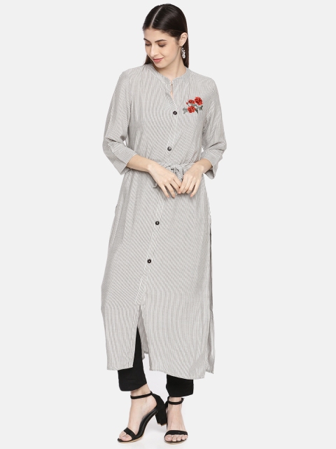 

Neerus Women White & Grey Striped Straight Kurta