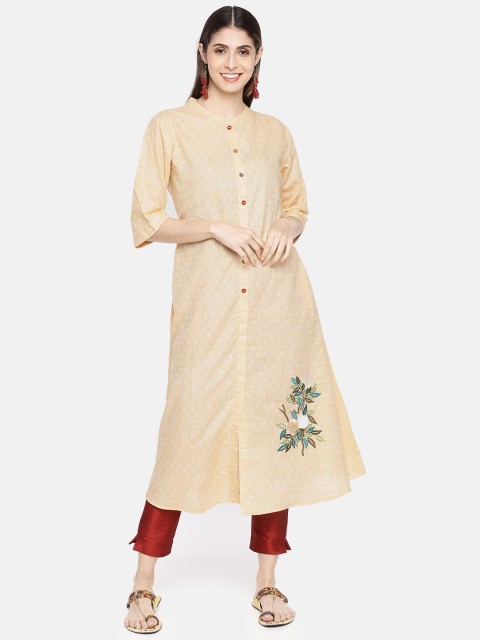 

Neerus Women Beige Solid A-Line Kurta With Embroidery Detailing