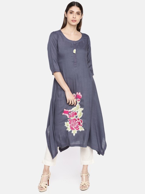 

Neerus Women Blue Embroidered A-Line Asymmetric Hem Kurta