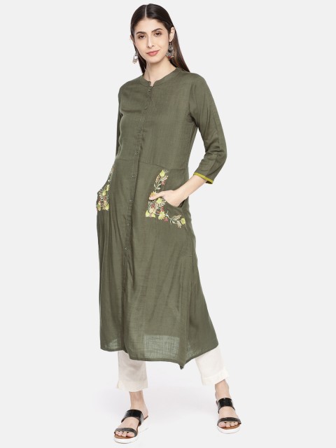 

Neerus Women Olive Green Solid A-Line Kurta With Embroidery Detailing