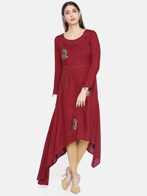 

Neerus Women Maroon Printed A-Line Asymmetric Hem Kurta