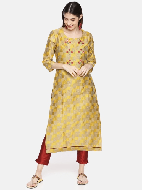 

Neerus Women Mustard Yellow Woven Design Straight Kurta