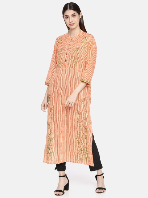 

Neerus Women Orange & Cream-Coloured Striped Straight Kurta