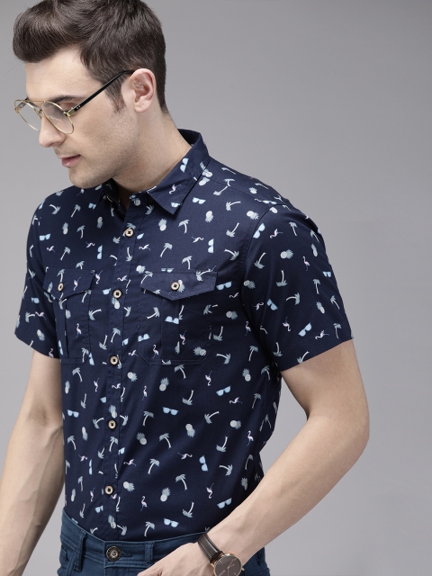 

TrueModa Men Navy Blue Slim Fit Printed Smart Casual Shirt