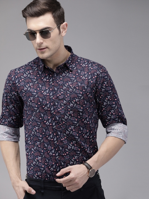 

TrueModa Men Navy Blue Slim Fit Printed Smart Casual Shirt