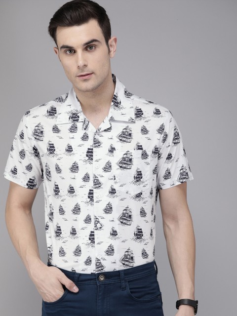 

TrueModa Men White & Navy Blue Slim Fit Printed Smart Casual Shirt