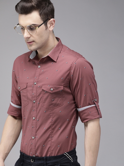 

TrueModa Men Rust Pink Slim Fit Printed Smart Casual Shirt