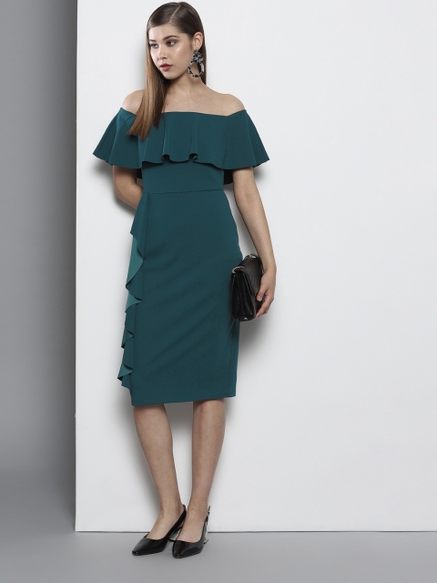 

DOROTHY PERKINS Women Teal Blue Solid Off-Shoulder Sheath Dress