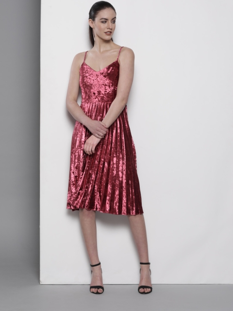 

DOROTHY PERKINS Women Pink Accordion Pleat Velvet Finish A-Line Dress