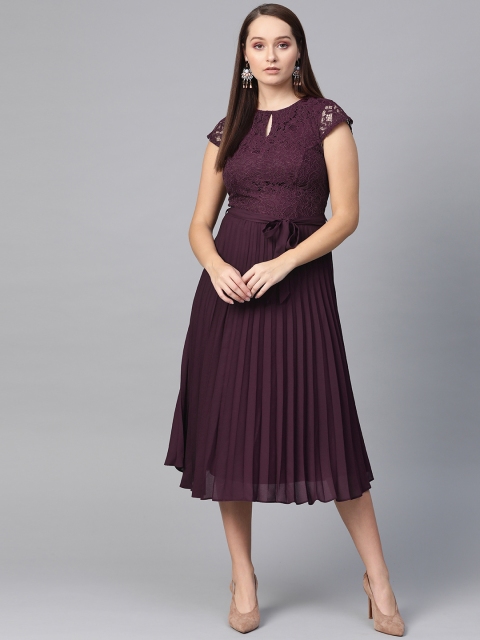 

DOROTHY PERKINS Women Burgundy Accordion Pleat Solid A-Line Dress