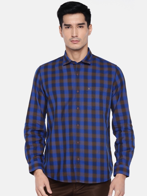 

Turtle Men Navy Blue & Khaki Slim Fit Checked Casual Shirt