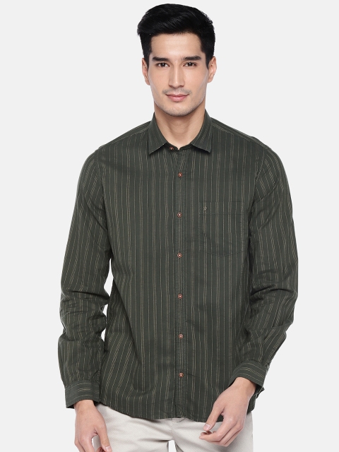 

Turtle Men Olive Green & Beige Slim Fit Striped Casual Shirt