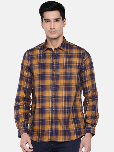 

Turtle Men Yellow & Navy Blue Slim Fit Checked Casual Shirt