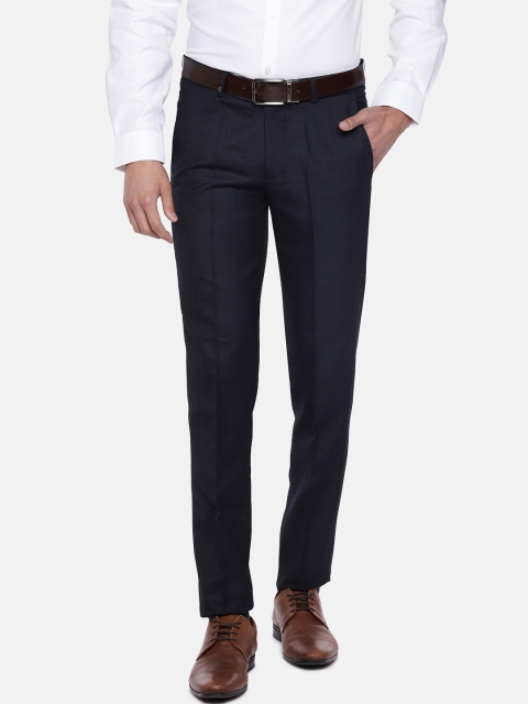 

Turtle Men Navy Blue Tapered Fit Checked Formal Trousers
