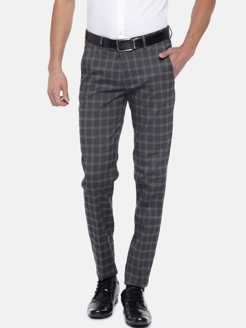 

Turtle Men Charcoal Grey & White Tapered Fit Checked Formal Trousers