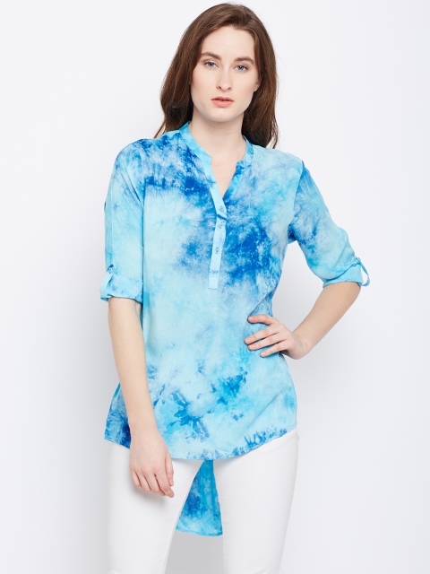 

Crimsoune Club Women Turquoise Blue Tie and Dye Shirt Style Top