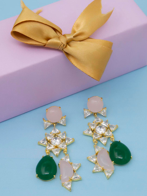 

Unniyarcha Jewellery Gold-Plated & Green Onyx And Quartz Geometric Drop Earrings