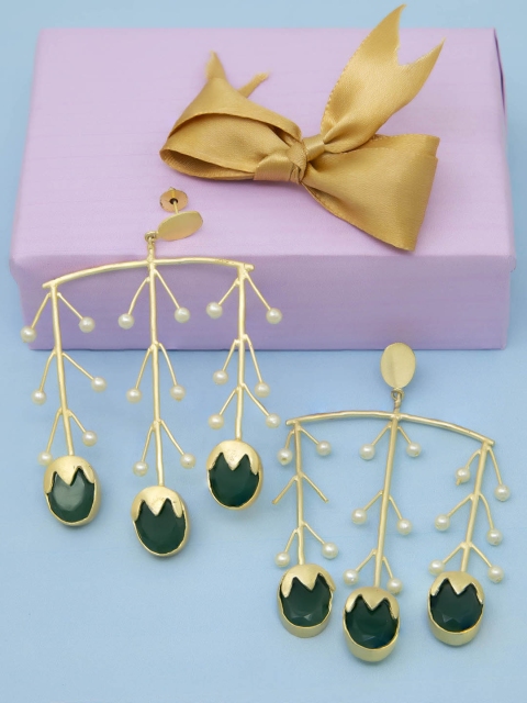 

Unniyarcha Jewellery Gold-Plated & Green Onyx And Pearls Drop Earrings