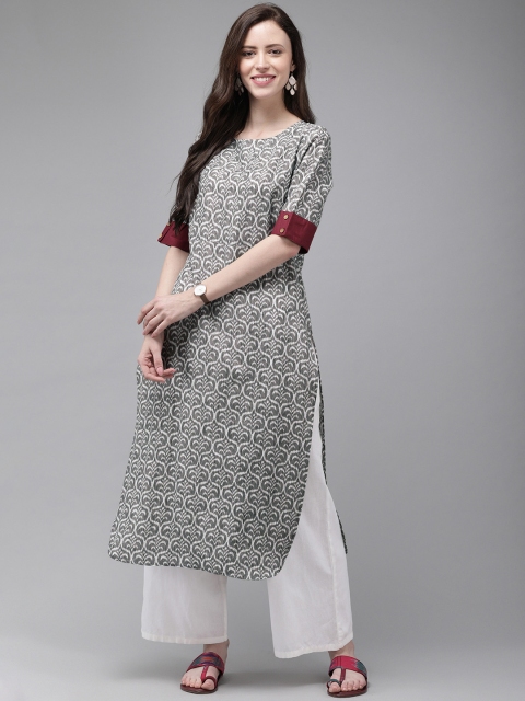 

Anouk Women Grey & White Printed Straight Kurta