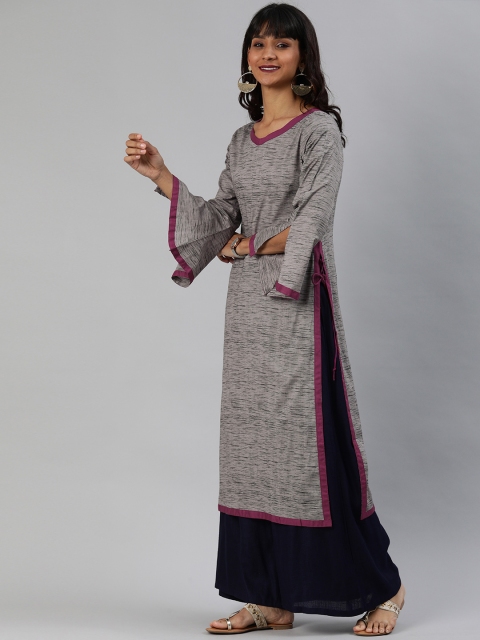 

Anouk Women Grey Woven Design Straight Kurta with Bell Sleeve