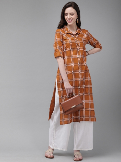 

Anouk Women Rust Orange & White Checked Straight Kurta