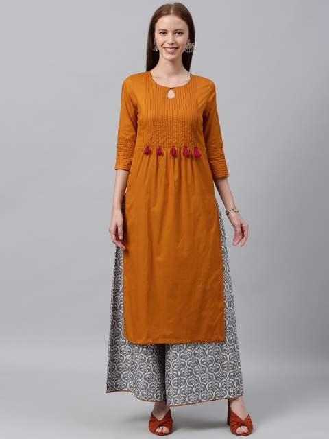 

Anouk Women Mustard Brown & Grey Solid Thread Work Detailed Kurta with Palazzos