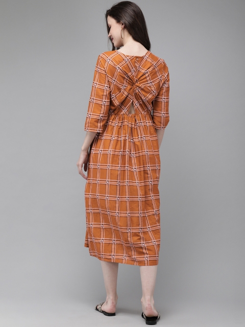 

Anouk Women Rust Orange and White Checked Fit and Flare Dress