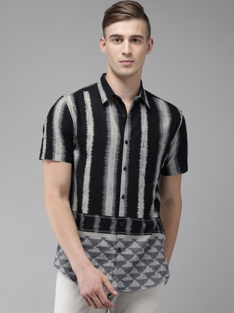 

Anouk Men Black & Grey Regular Fit Striped Casual Shirt