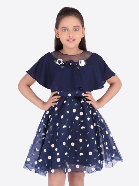 

CUTECUMBER Girls Printed Navy Blue Fit and Flare Dress