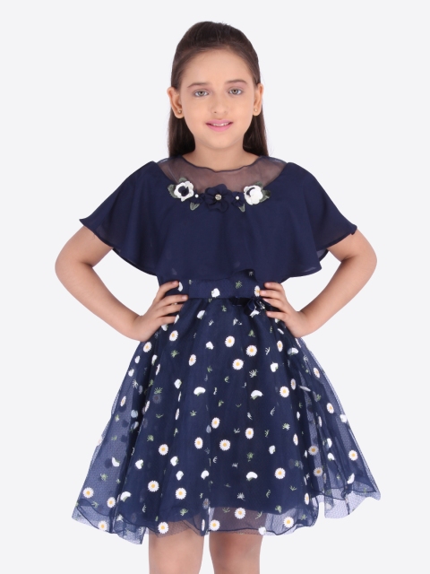 

CUTECUMBER Girls Navy Blue Floral Printed Fit and Flare Dress