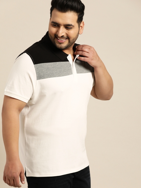 

Sztori Plus Size Men White Black Solid Polo Collar T-shirt