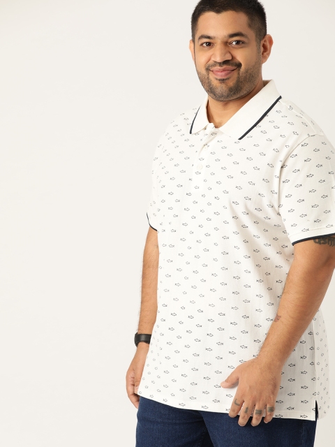 

Sztori Plus Size Men White Navy Blue Shark Printed Polo Collar Pure Cotton T-shirt