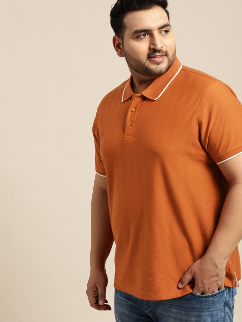 

Sztori Plus Size Men Rust Orange Self-Striped Polo Collar T-shirt