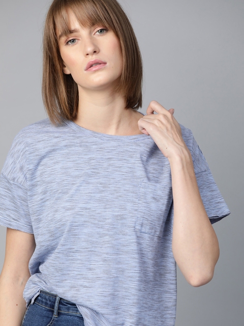 

The Roadster Lifestyle Co Women Blue Striped Round Neck T-shirt