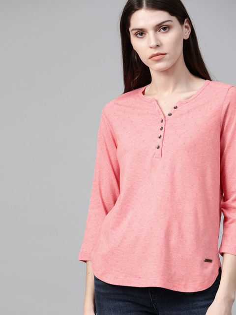 

Roadster Women Peach-Coloured Self Design Henley Neck High-Low T-shirt