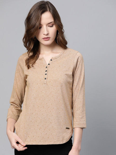 

The Roadster Lifestyle Co Women Beige Self Design Henley Neck High-Low T-shirt