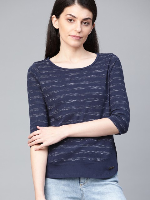 

Roadster Women Navy Blue & Grey Striped Round Neck T-shirt