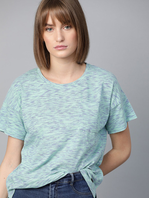 

Roadster Women Green Striped Round Neck T-shirt