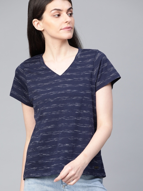 

Roadster Women Navy Blue & Grey Striped V-Neck T-shirt